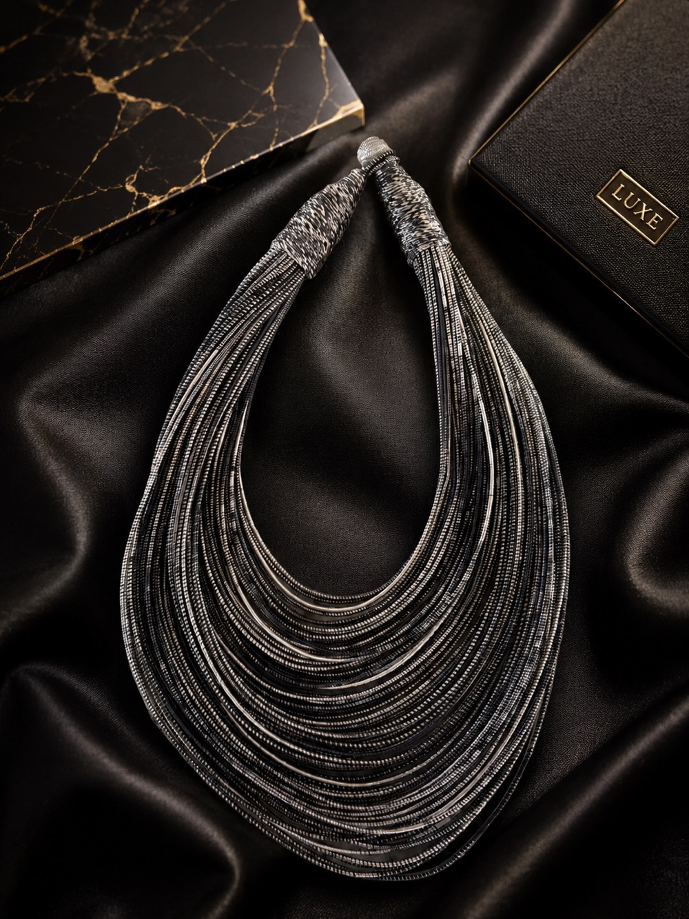 Boho Luxe Multi Silk Strand Silver Statement Bib/Necklace, Runway Glam Jewelry